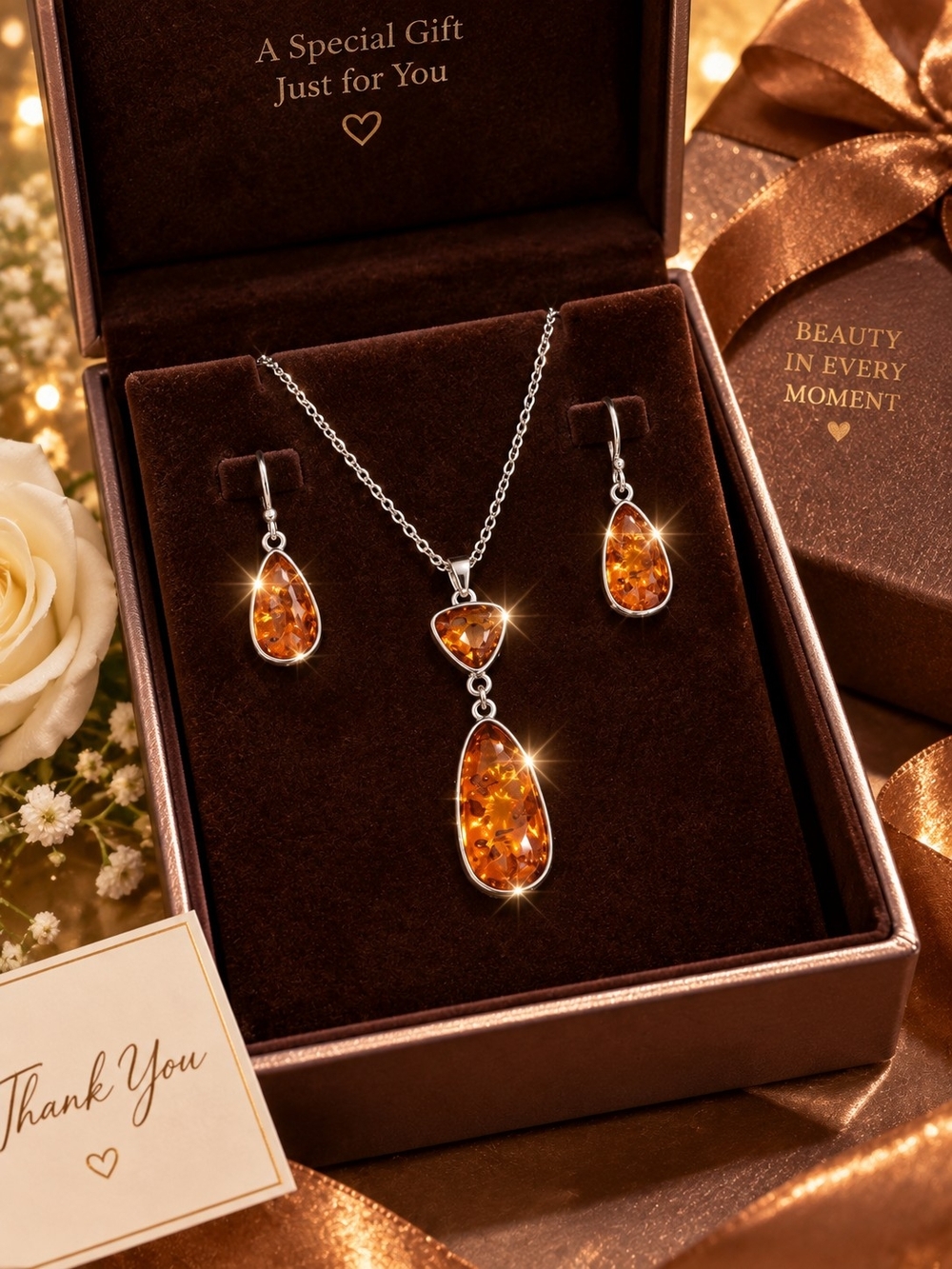 Amber Teardrop Necklace and Earring Set - Silver Tone